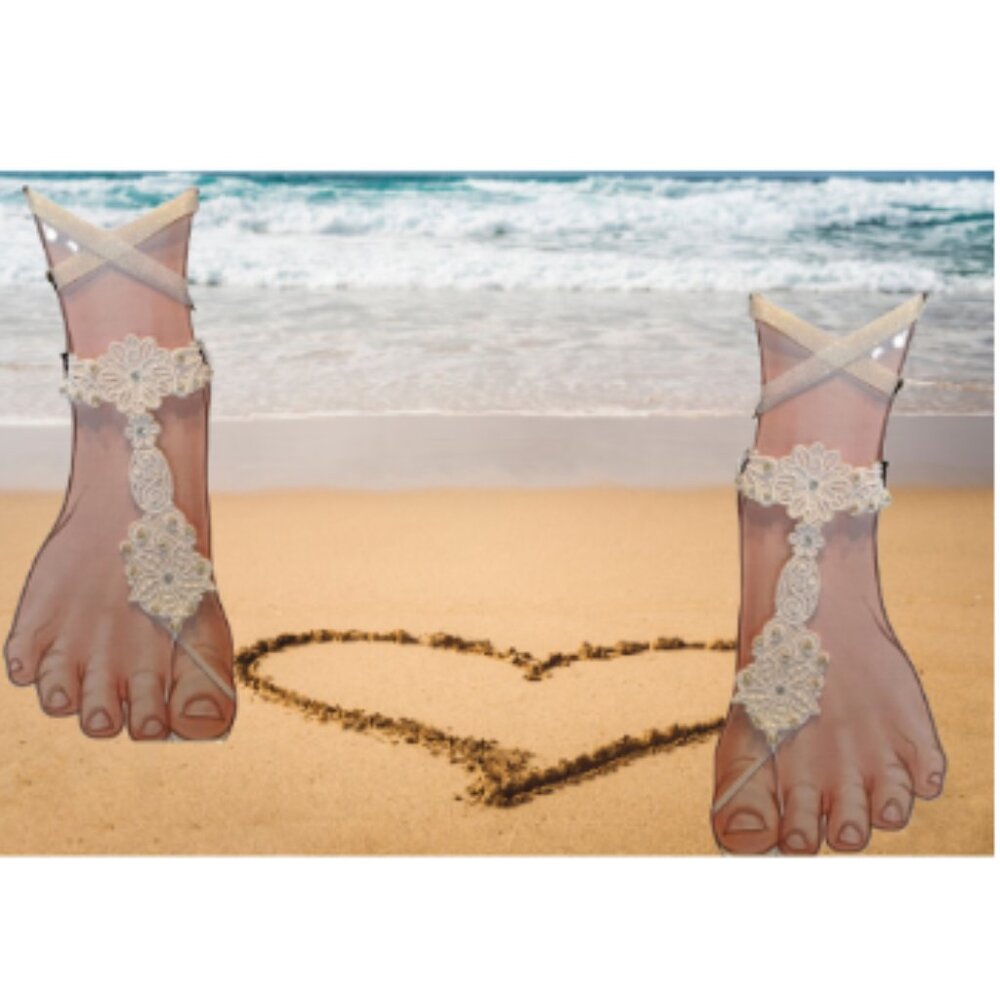 Barefoot Sandals white lace with ribbon lace up for Beach party Handmade